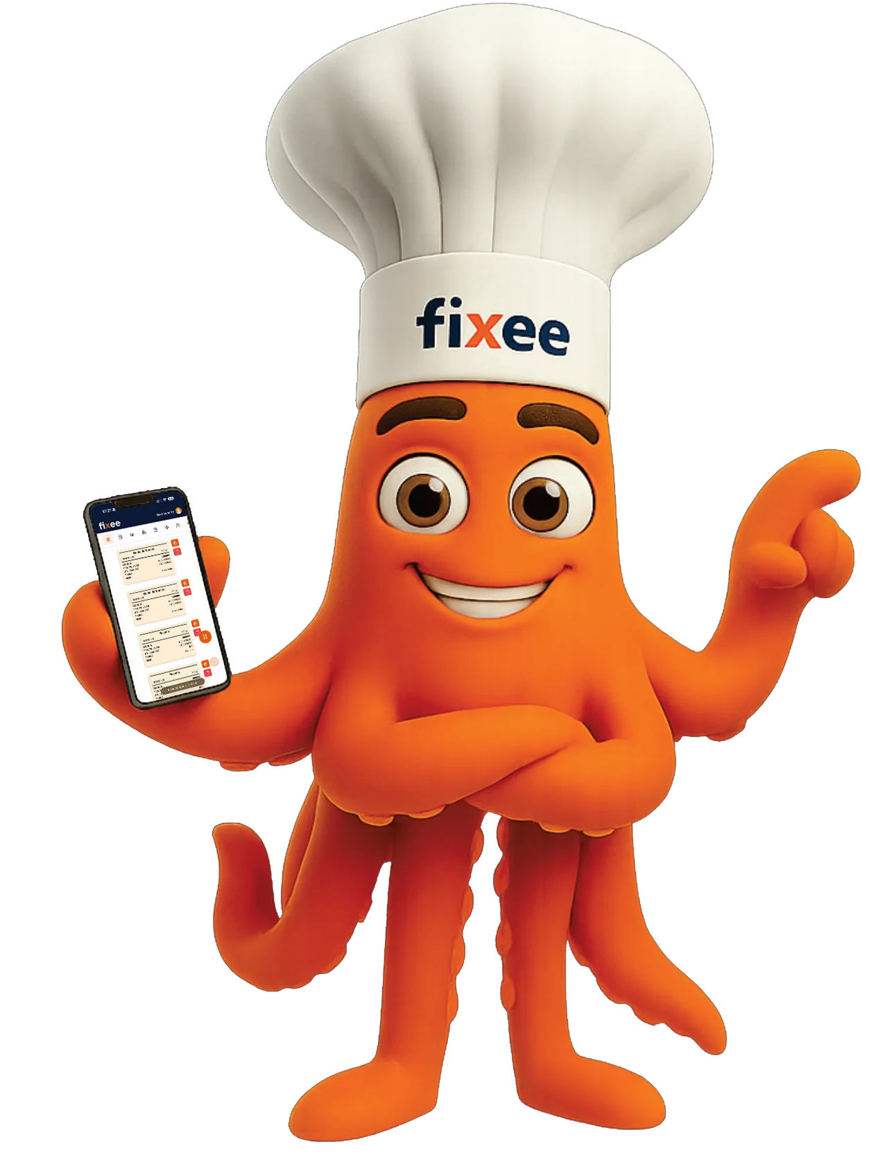 Polvo mascote da Fixee com chapeu de chef segurando celular com o app Fixee